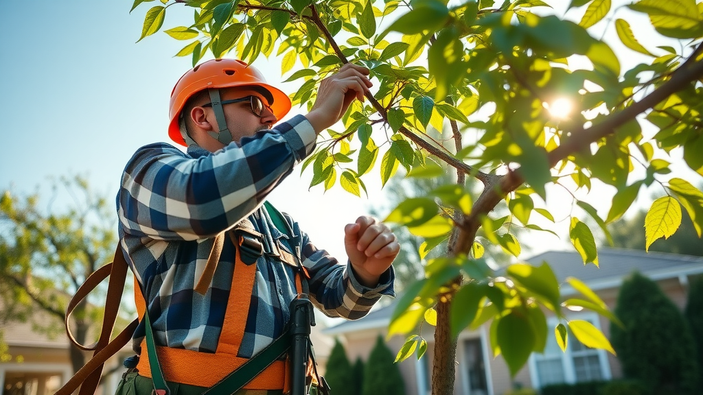 prune trees: professional arborist in safety gear pruning an ornamental tree, inspecting branch structure in sunlit yard