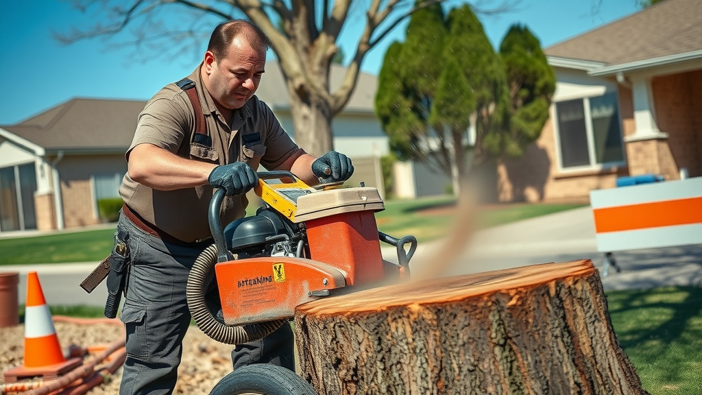 tree removal services expert arborist grinding a large tree stump in a cleared residential yard