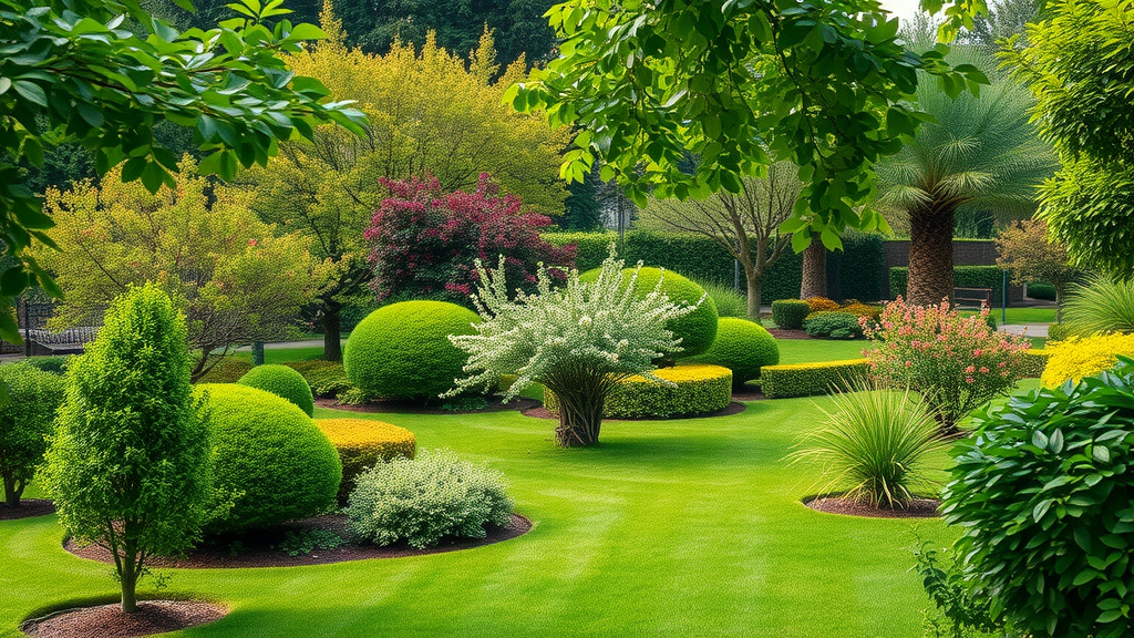 lush, healthy garden landscape with carefully pruned and trimmed trees and shrubs - tree trimming and pruning