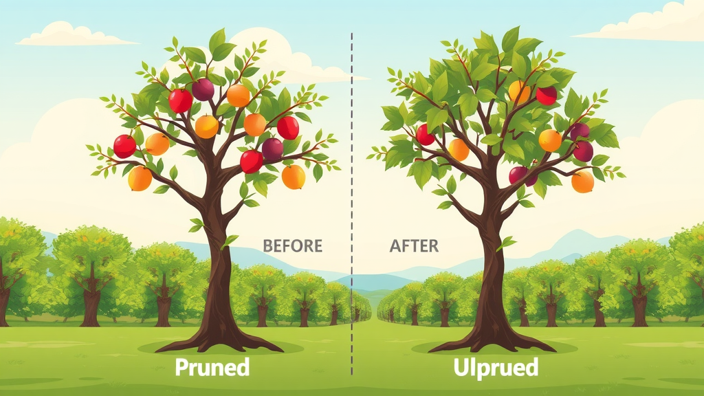 Diagram-style illustration showing fruit tree before and after summer pruning. Competitor Keyword: pruning fruit tree.