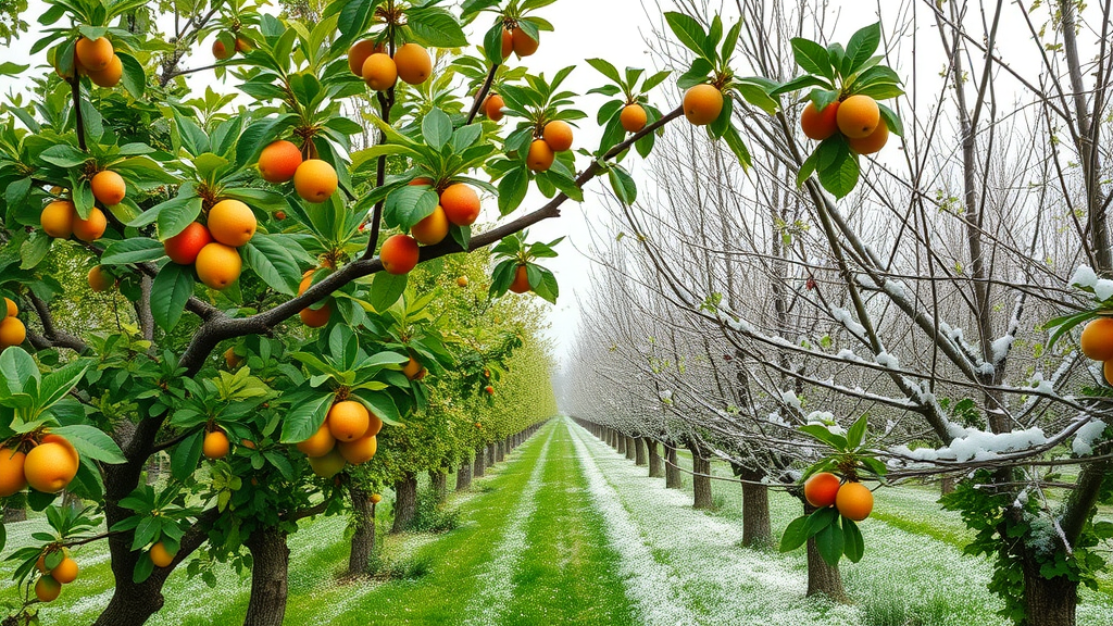 Vibrant orchard landscape highlighting difference between summer and winter pruning. Lush green fruit trees in summer, snow-covered dormant trees in winter, half-and-half orchard view illustrating the difference between summer and winter pruning.
