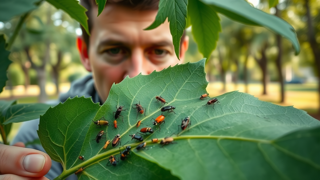summer tree care leaf pests aphids beetles gardener inspecting early infestation detailed textures