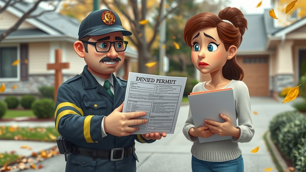 city inspector with denied permit form, concerned homeowner, suburban driveway, scattered leaves, paperwork