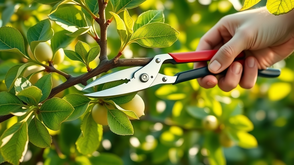 close-up fruit tree branch being pruned secateurs summer pruning for fruit trees