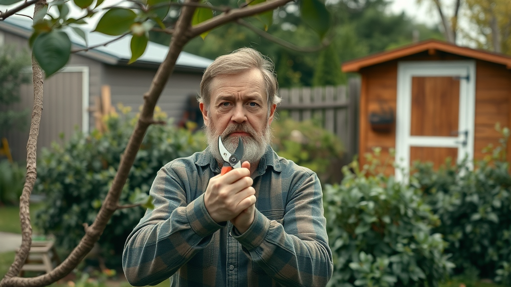 Inexperienced gardener improperly pruning a tree branch, illustrating common mistakes in tree disease control