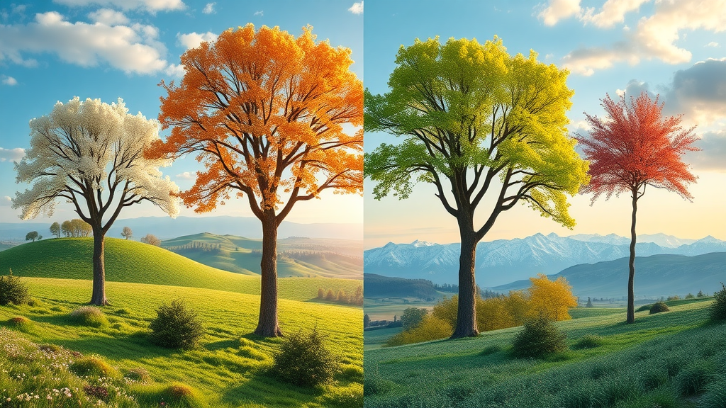 annual cycle illustration with trees in each season and correct tree watering tips for each month, showing watering guide in spring, summer, autumn, winter