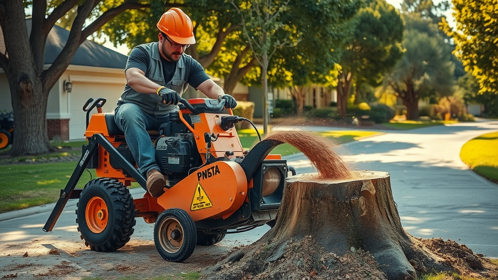 powerful stump grinder machine operator grinding away tree stump safety gear residential yard stump grinding