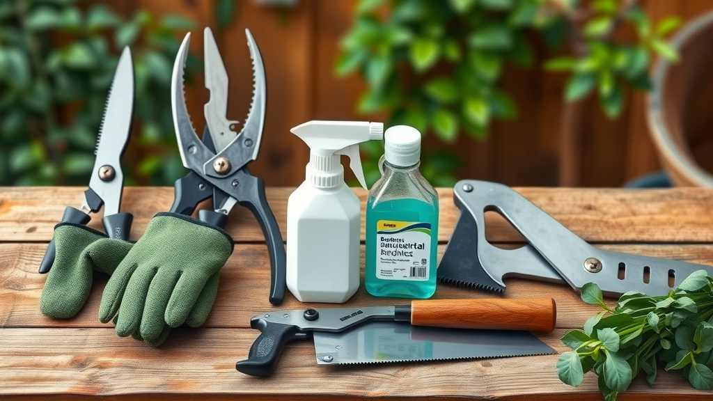 Organized display of essential pruning tools for summer pruning fruit trees. Competitor keyword: pruning fruit trees.
