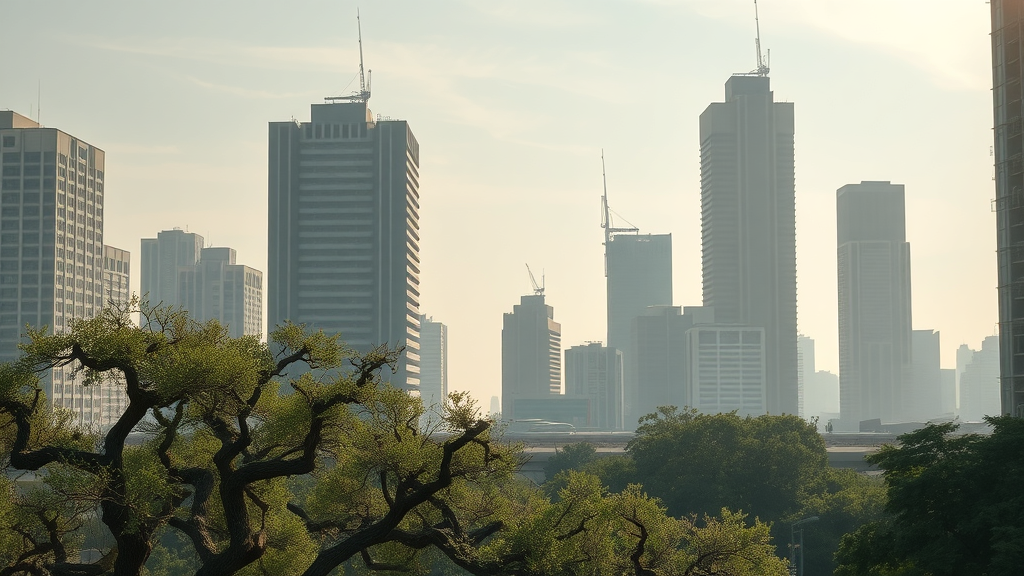 Urban cityscape during summer with wilted trees struggling against heat island effects and pollution