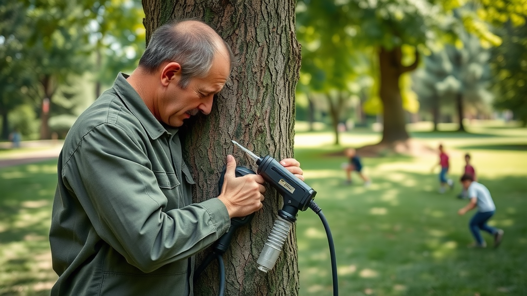 certified arborist performing a trunk injection on a mature tree, using specialized equipment in a lush park setting