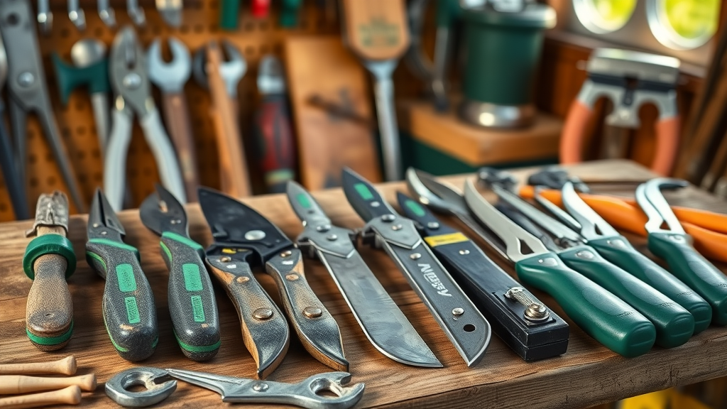 tree care tools for effective summer pruning and trimming displayed on wooden workbench