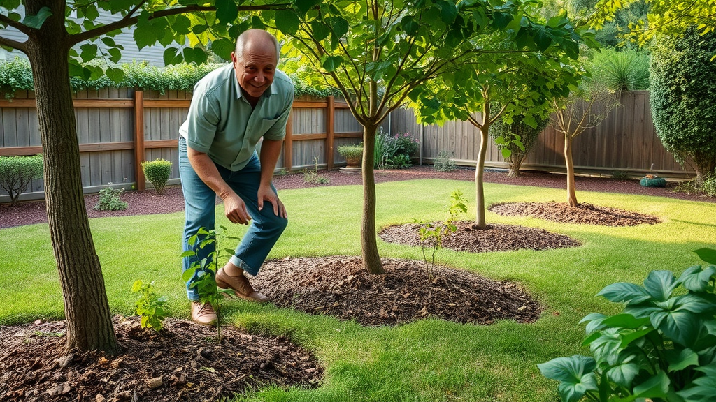mulching for summer tree care, healthy backyard with tree bases mulched and gardener spreading organic mulch, shaded yard, moist soil texture, visible bark and mulch rings