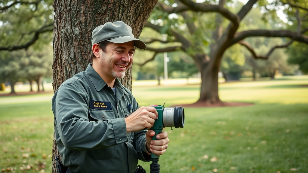Professional arborist in uniform examining large oak tree, landscape tree care with specialized equipment, healthy park-like yard, mix of trees and open grass, highly detailed, natural lighting.