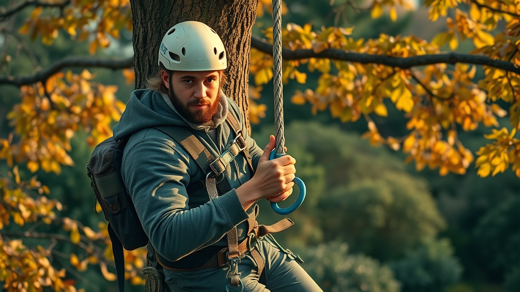 professional tree climber using ropes harness tree removal, autumn leaves, expansive garden, sunset