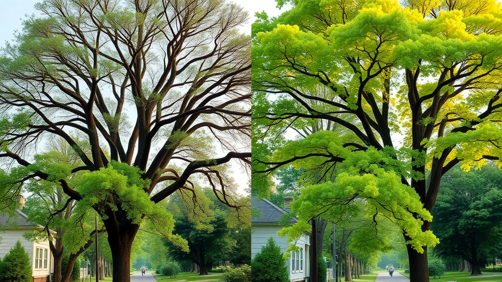 side by side comparison, tree before and after summer pruning, one dense with weak branches, other with open canopy, improved tree health via correct pruning cuts