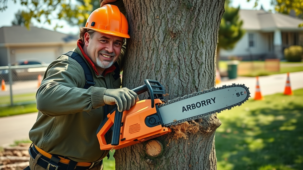 professional tree removal arborist using chainsaw on diseased tree, suburban safety setup visible, wood chips, daylight