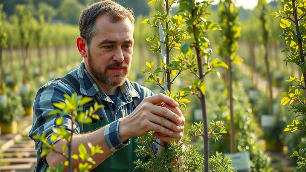 young trees being pruned by professional arborist, outdoor nursery, selecting branches, summer tree pruning techniques