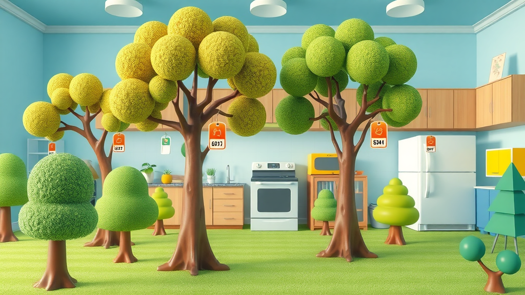 infographic showing tree types, removal costs by height, cartoon style, price tags, green blue color palette