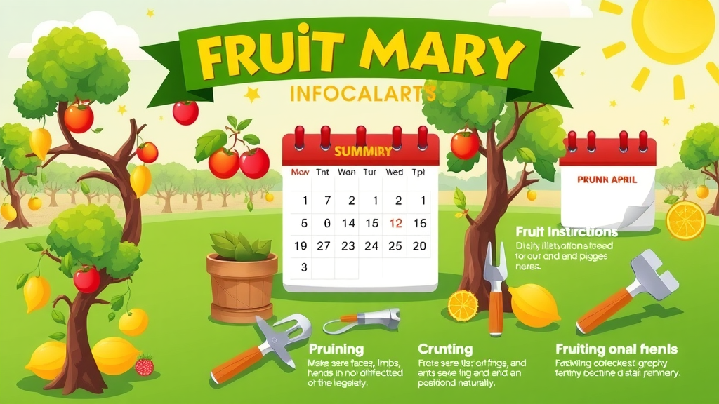 Vibrant summary infographic of fruit trees, calendar, and pruning tools for best time for summer pruning.