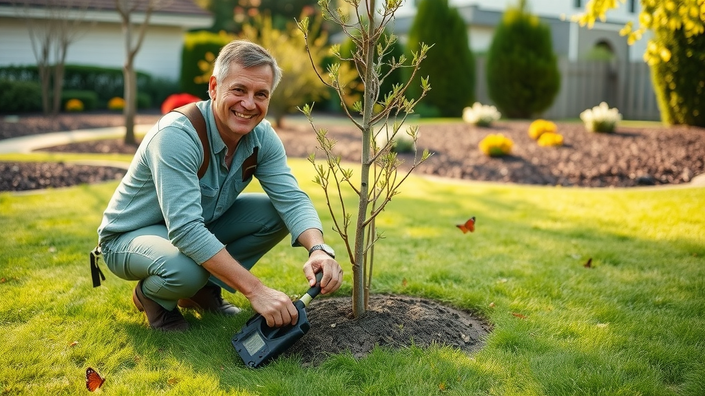 landscape designer planting new saplings after tree removal, revitalized lawn, flowers, morning light