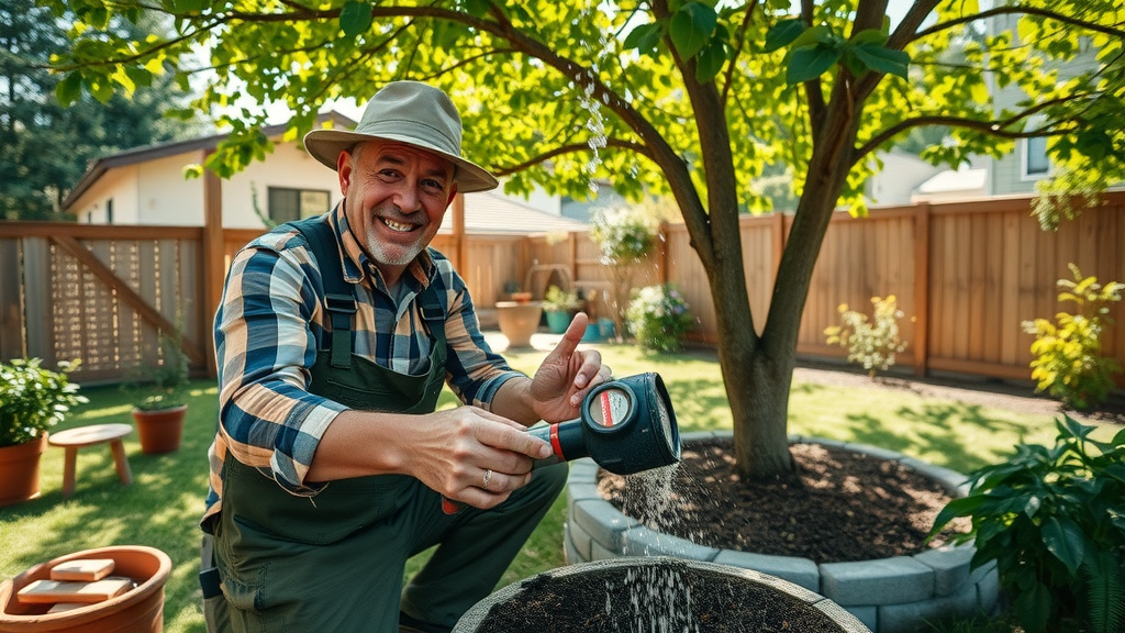 outdoor tutorial with arborist demonstrating summer tree care, how to mulch, water, and inspect for pests in a backyard with mature leafy trees