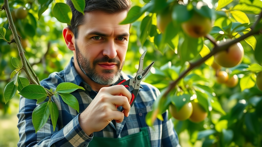 Professional gardener performing summer pruning on a fruit tree using sharp pruning shears, demonstrating difference between summer and winter pruning techniques, lush green orchard backdrop, healthy foliage.