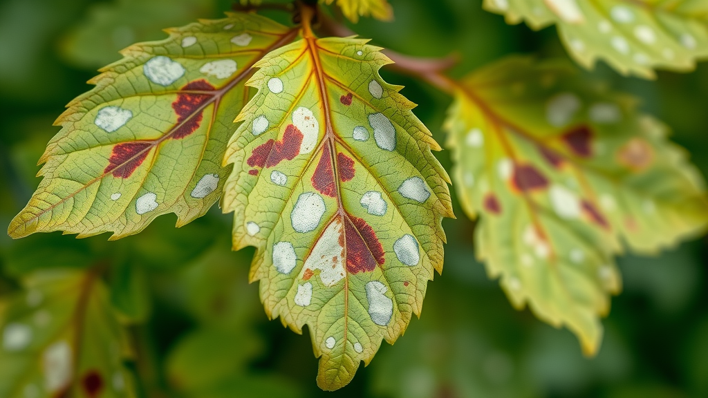 Close-up of diseased tree leaves showing powdery mildew and spots, illustrating summer tree diseases
