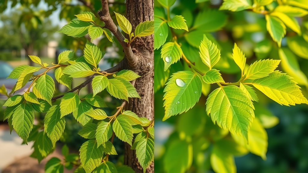 Hopeful restoration of previously diseased tree showing healthy new leaves after summer disease prevention