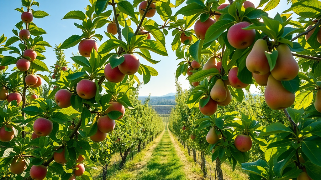 Lush fruit orchard with healthy apple and pear trees, vibrant summer foliage, and dappled sunlight highlighting the benefits of summer pruning
