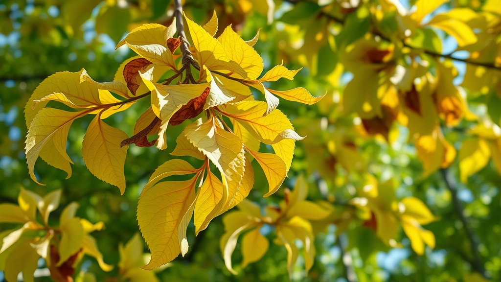 Close-up of tree leaves with signs of tree stress: yellowing, browning, and wilting leaves in sunlight