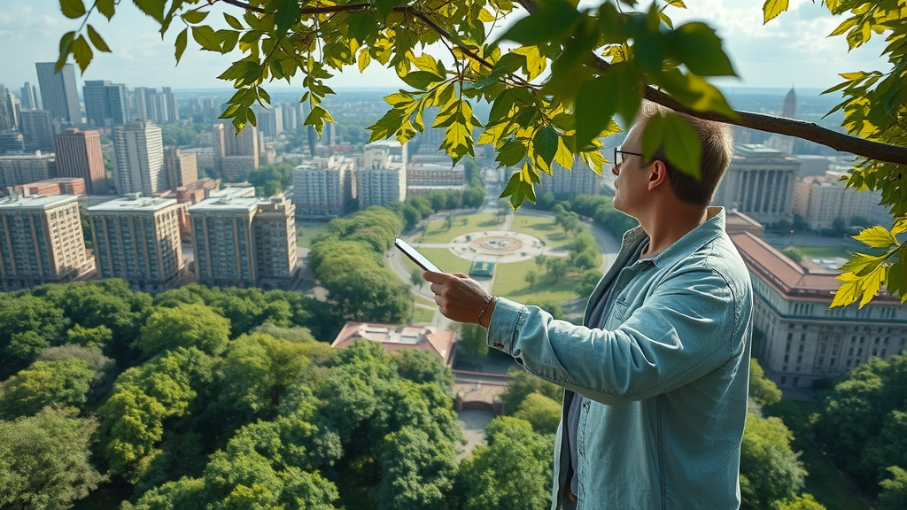 tree service arborist examining urban forest, assessing risk, city park scene