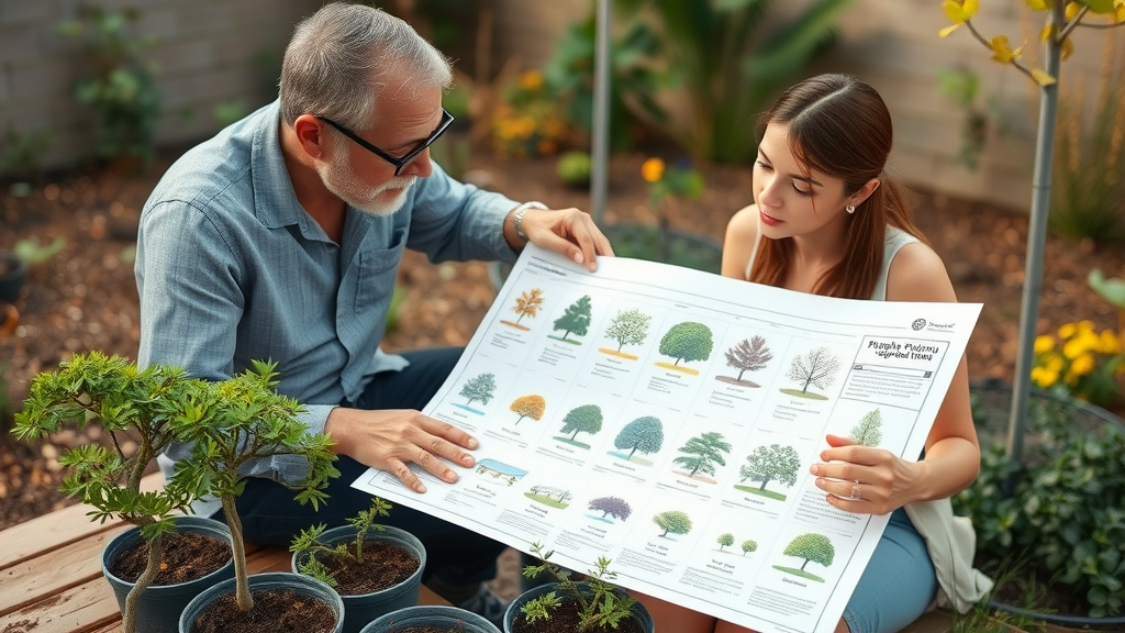 Professional landscape designer consulting with a homeowner, reviewing a detailed planting plan with various labeled drought-resistant trees, Photorealistic High Fidelity Lifelike, outdoor garden workstation with soil samples and potted saplings, highly detailed, colorful tree icons on a plan, earthy tones, indirect daylight, shot with a standard lens.