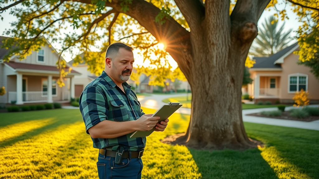 tree removal services arborist inspecting suburban tree on manicured lawn at golden hour