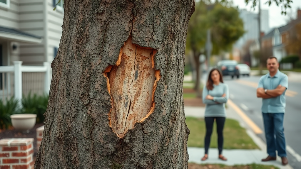 damaged tree with cracked trunk in urban front yard requiring emergency tree removal
