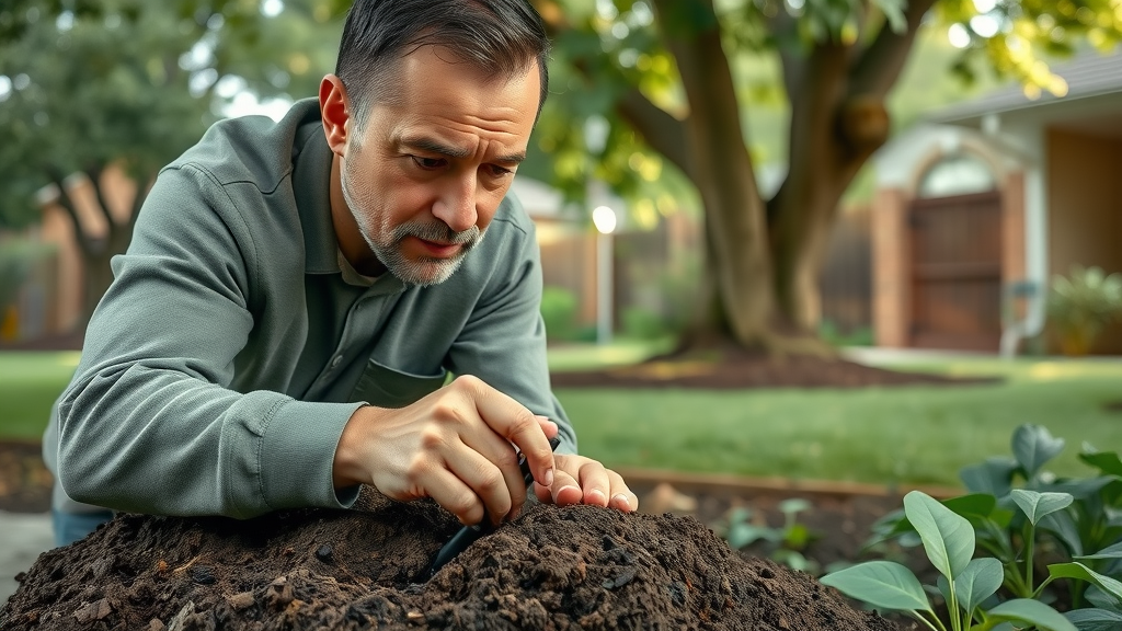 gardener performing soil test for tree fertilization summer by tree base