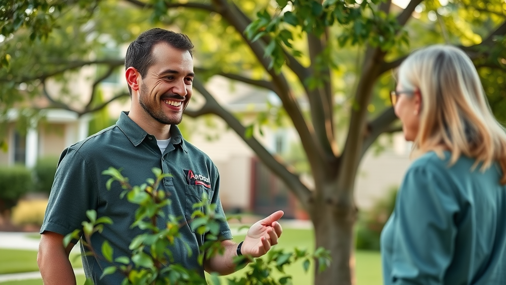 tree pruning techniques confident certified arborist consulting with homeowner next to a healthy tree