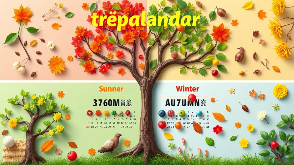 Seasonal calendar showing best times for summer and winter pruning of fruit trees, divided into spring, summer, autumn, and winter, with related activities illustrated for each season.