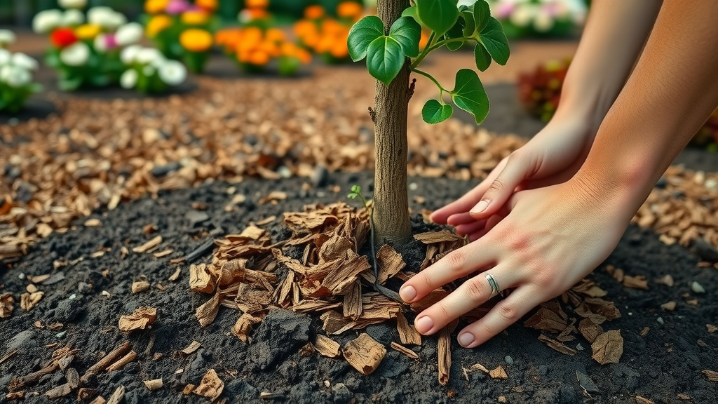 close-up of applying fresh organic mulch around base of young tree, showing moisture retention and correct technique for tree watering tips