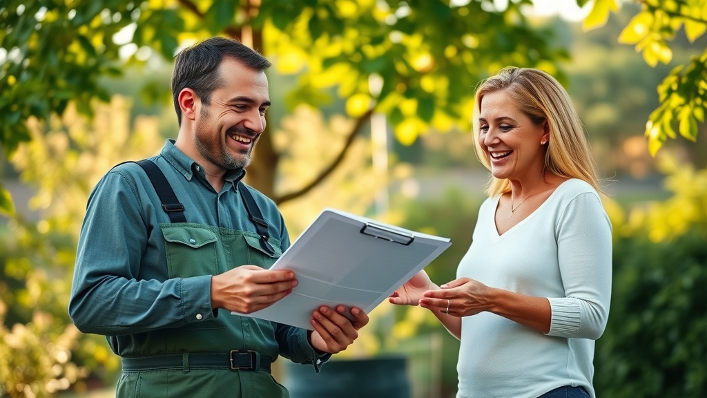 Professional arborist consulting with homeowner outdoors, both smiling, discussing a custom yard care plan for healthy landscape tree care, lush trees and shrubs in the background, highly detailed, morning light.