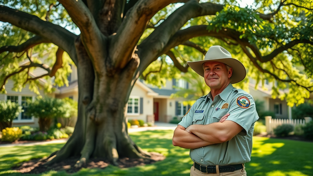 ISA certified arborist providing arborist services evaluating a large healthy tree in residential property