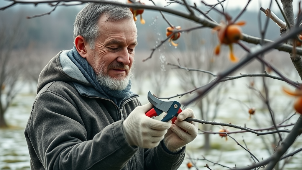 Experienced arborist conducting winter pruning on dormant fruit tree, difference between summer and winter pruning, showing clean branch cuts and open, snow-dusted orchard environment.