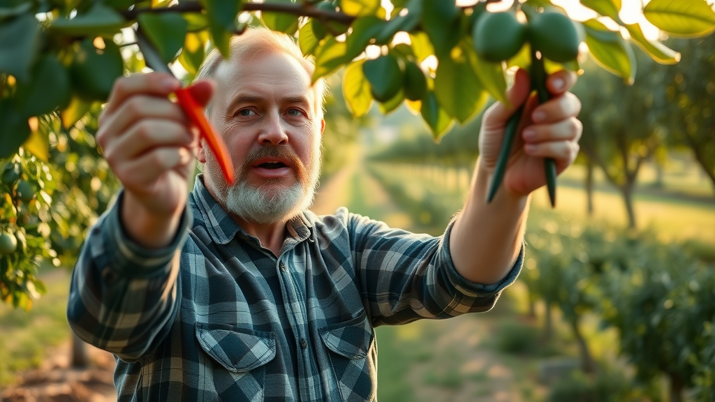 summer pruning water sprouts on fruit tree healthy orchard morning light