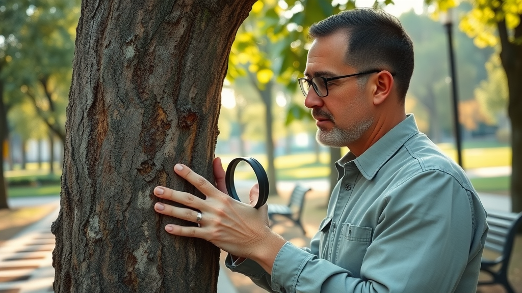 Certified arborist inspecting diseased tree trunk for tree disease treatment in an urban park