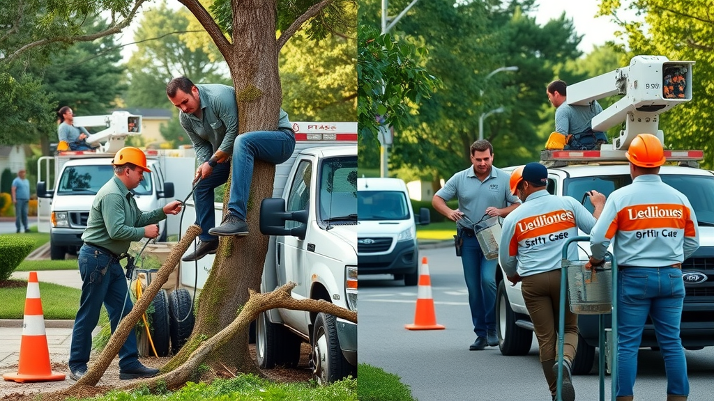 Split scene with local family-owned tree service crew on one side and national company crew on the other, both performing tree care in a suburban neighborhood with branded trucks and safety cones, high detail, afternoon daylight.