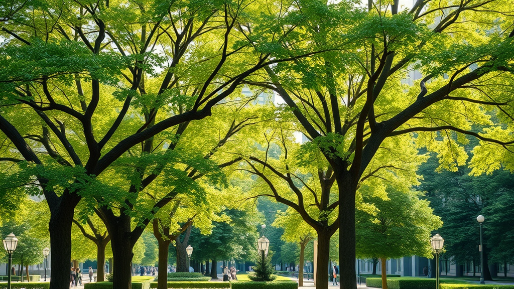 lush urban landscape, healthy vibrant trees, sunlit, showcasing well-maintained trees with perfectly pruned canopies, city park with people strolling, crisp greens, natural daylight, summer tree pruning techniques