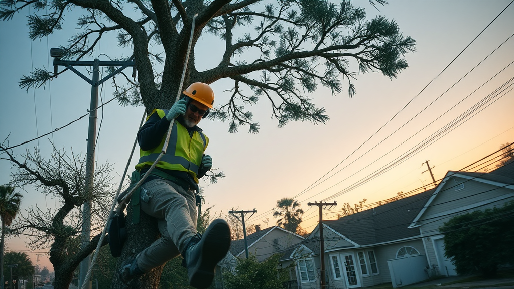 tree pruning techniques arborist pruning in tight space near power lines, urban street in background
