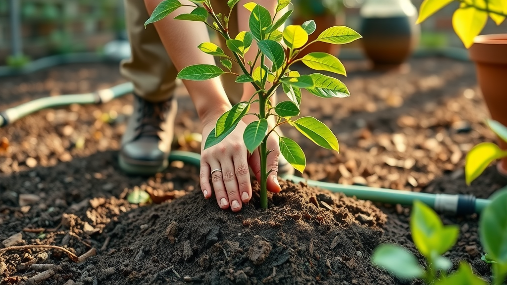 Gardener planting a young drought-resistant sapling with rich compost and mulch around the base, hands gently patting soil, Photorealistic High Fidelity Lifelike, backyard garden with visible drip irrigation lines and labeled gardening tools, highly detailed, soft movement of leaves, natural green and brown tones, warm morning sunlight, shot with a close-up lens.