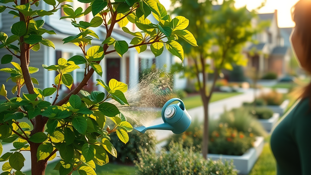 summer tree maintenance in a verdant suburban neighborhood, homeowners watering mid-sized green-leafed trees with watering cans in early morning, vibrant sunlit residential background
