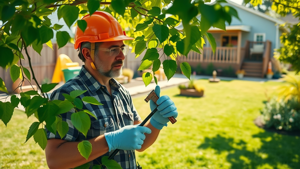 homeowner practicing summer pruning safety tips by preparing and wearing safety gear in a lush backyard tree care setting