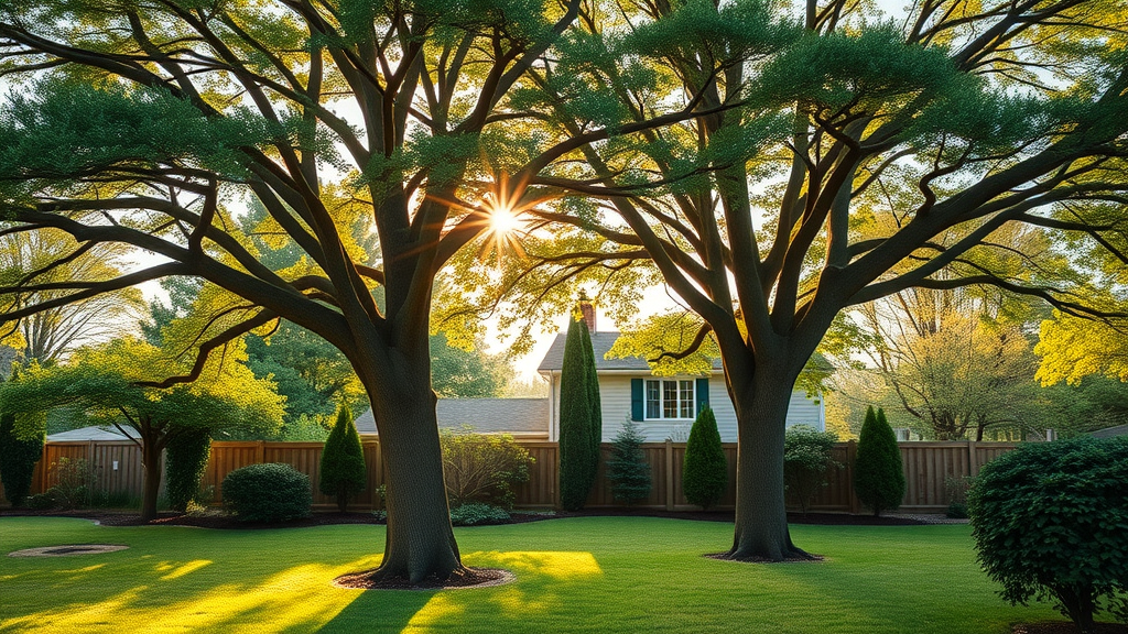 healthy trees after expert routine tree care and pruning in a suburban yard